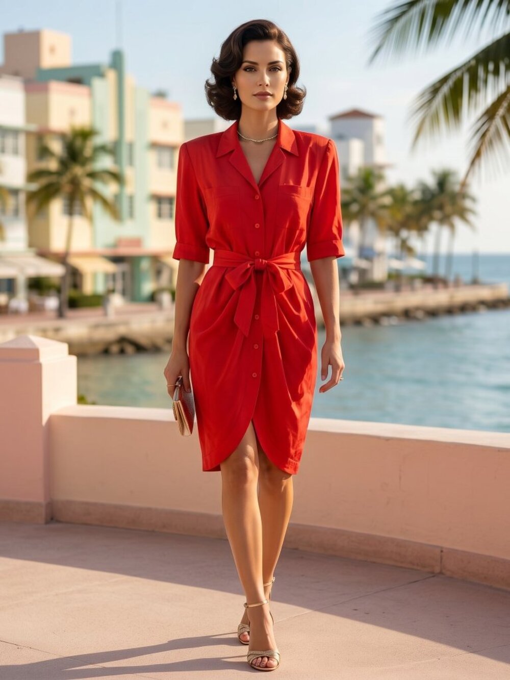 Archival Thierry Mugler Paris Vintage Red Cotton Safari Shirtdress 9AR S 1980s